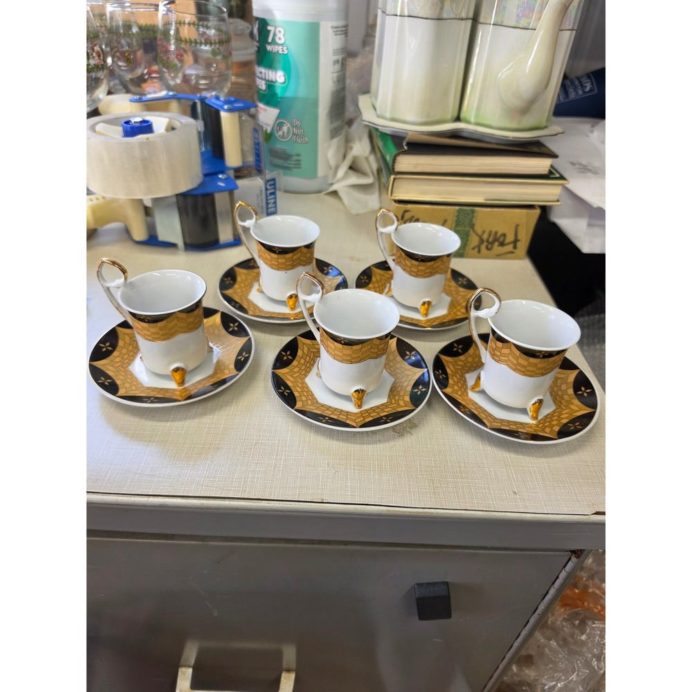 Vintage Art Deco Footed Demitasse Espresso Cup and Saucer Set Black Gold 5pc